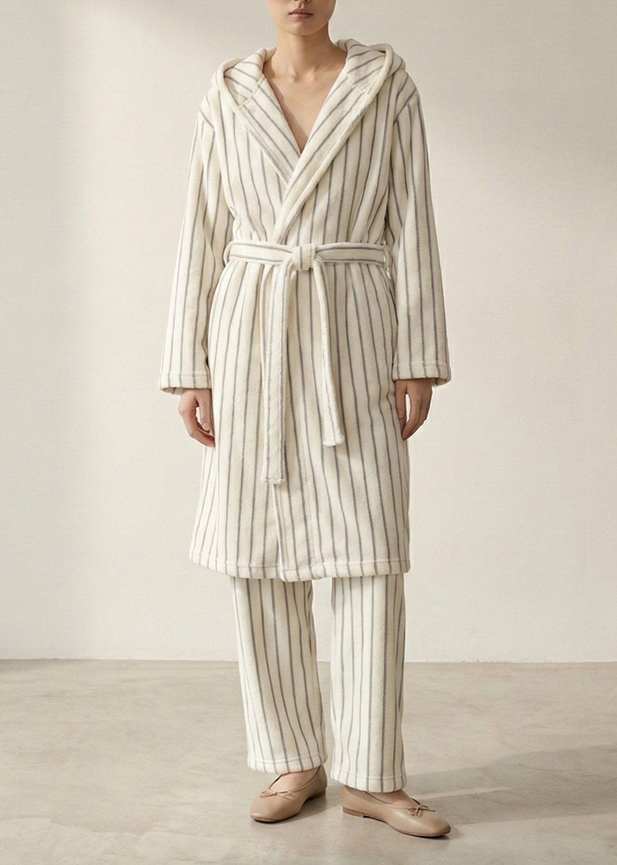 Luna Winter Stripe Hooded Robe & Pants Set / Cream Gray