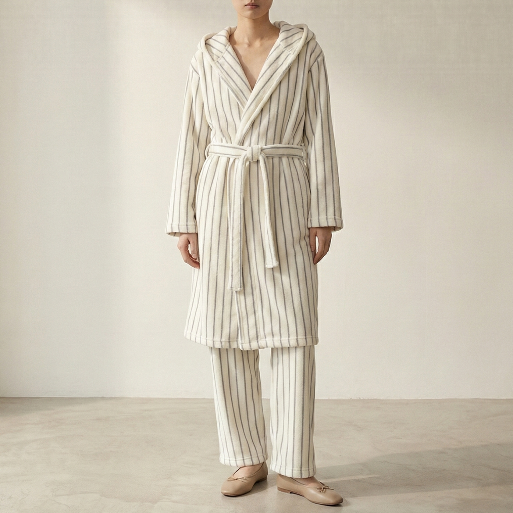 Luna Winter Stripe Hooded Robe & Pants Set / Cream Gray