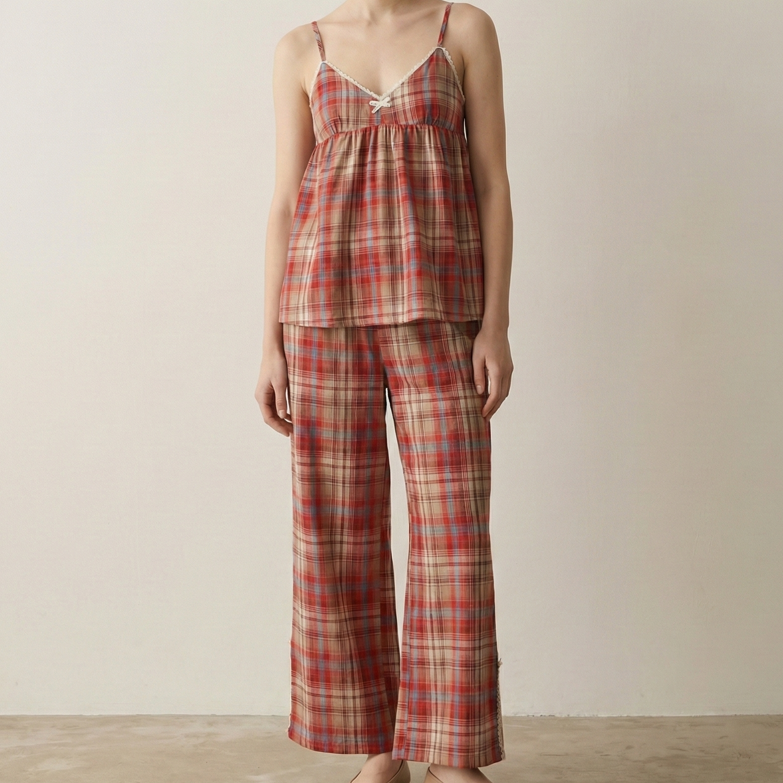 Sweet Lace Red Plaid Ribbon Pajama Set / V Neck