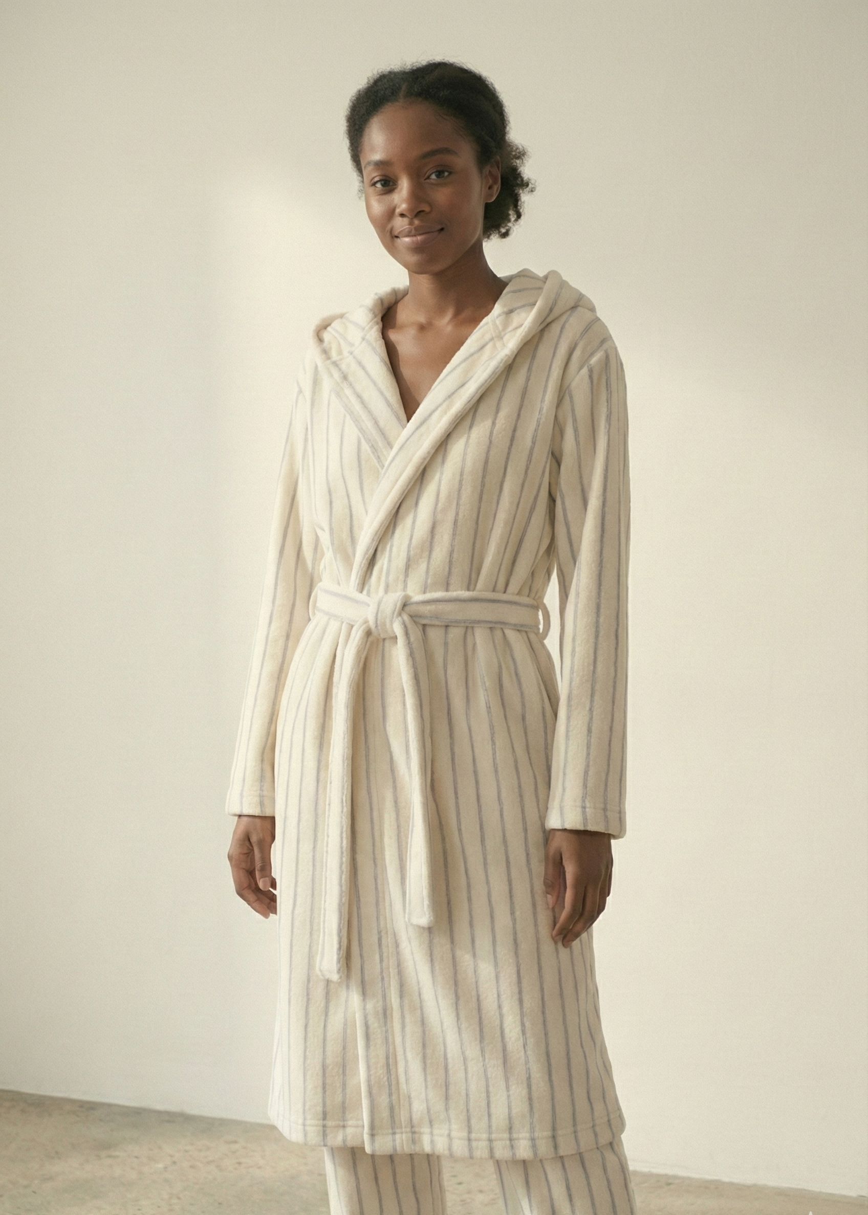 Luna Winter Stripe Hooded Robe & Pants Set / Cream Gray