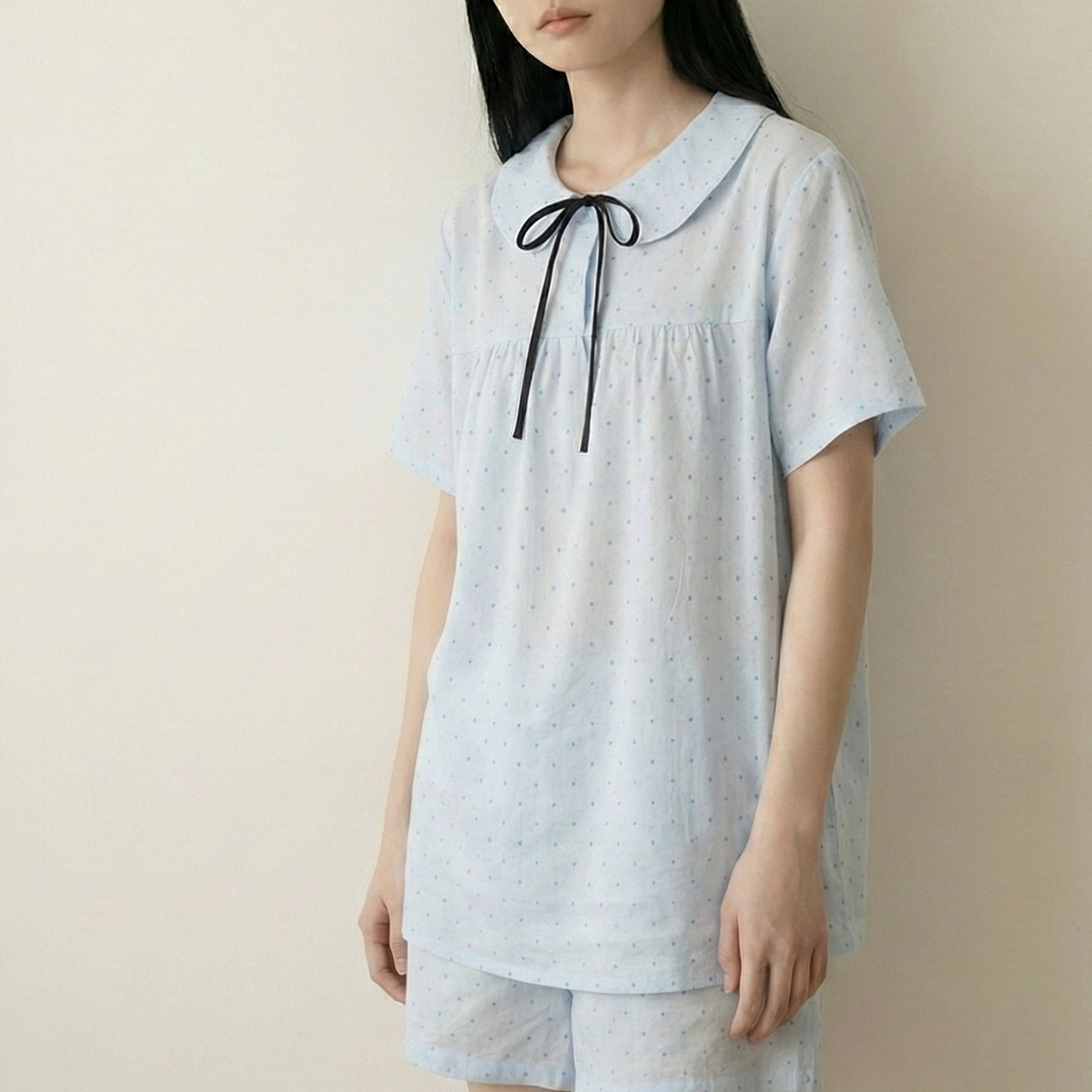 Lina Double Gauze Polka Dot Lounge Set / Soft Water Blue (Short Sleeve & Shorts)