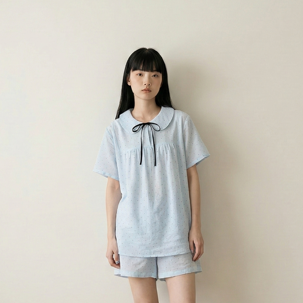 Lina Double Gauze Polka Dot Lounge Set / Soft Water Blue (Short Sleeve & Shorts)