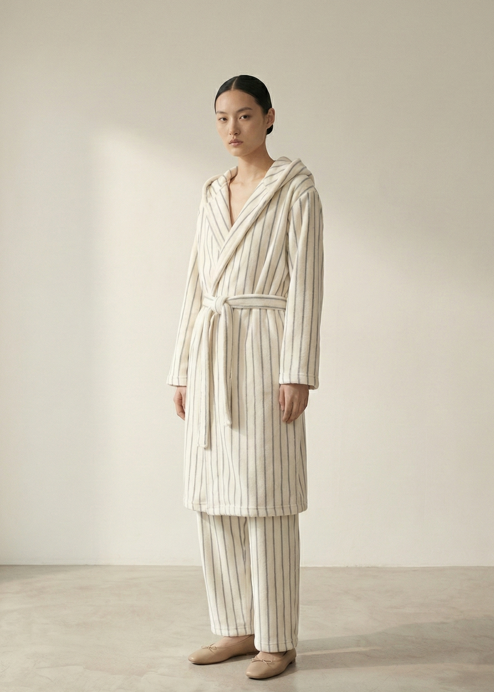 Luna Winter Stripe Hooded Robe & Pants Set / Cream Gray