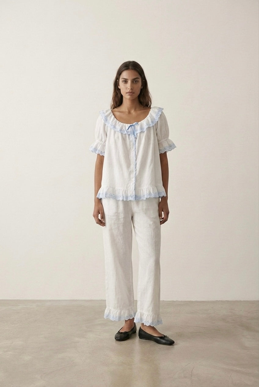 Cloudberry Ruffle Short-Sleeved Top + Long Pants Pajama Set / White