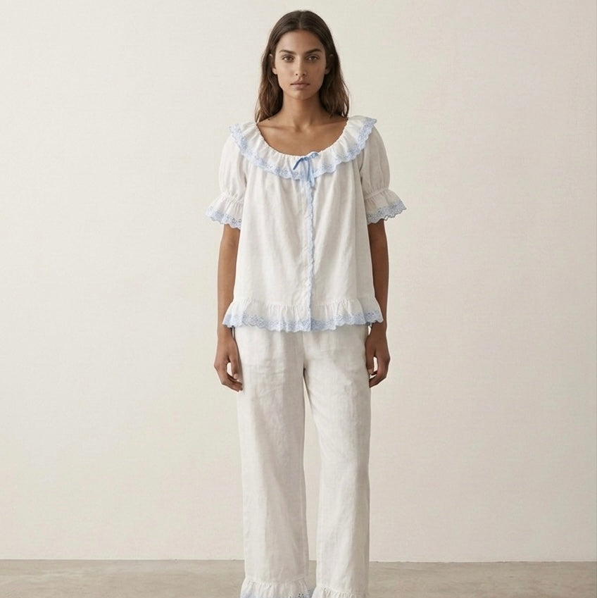 Cloudberry Ruffle Short-Sleeved Top + Long Pants Pajama Set / White