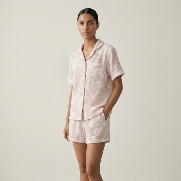 French Cottage Short Sleeves and Shorts Cotton Pajama Set / Pink