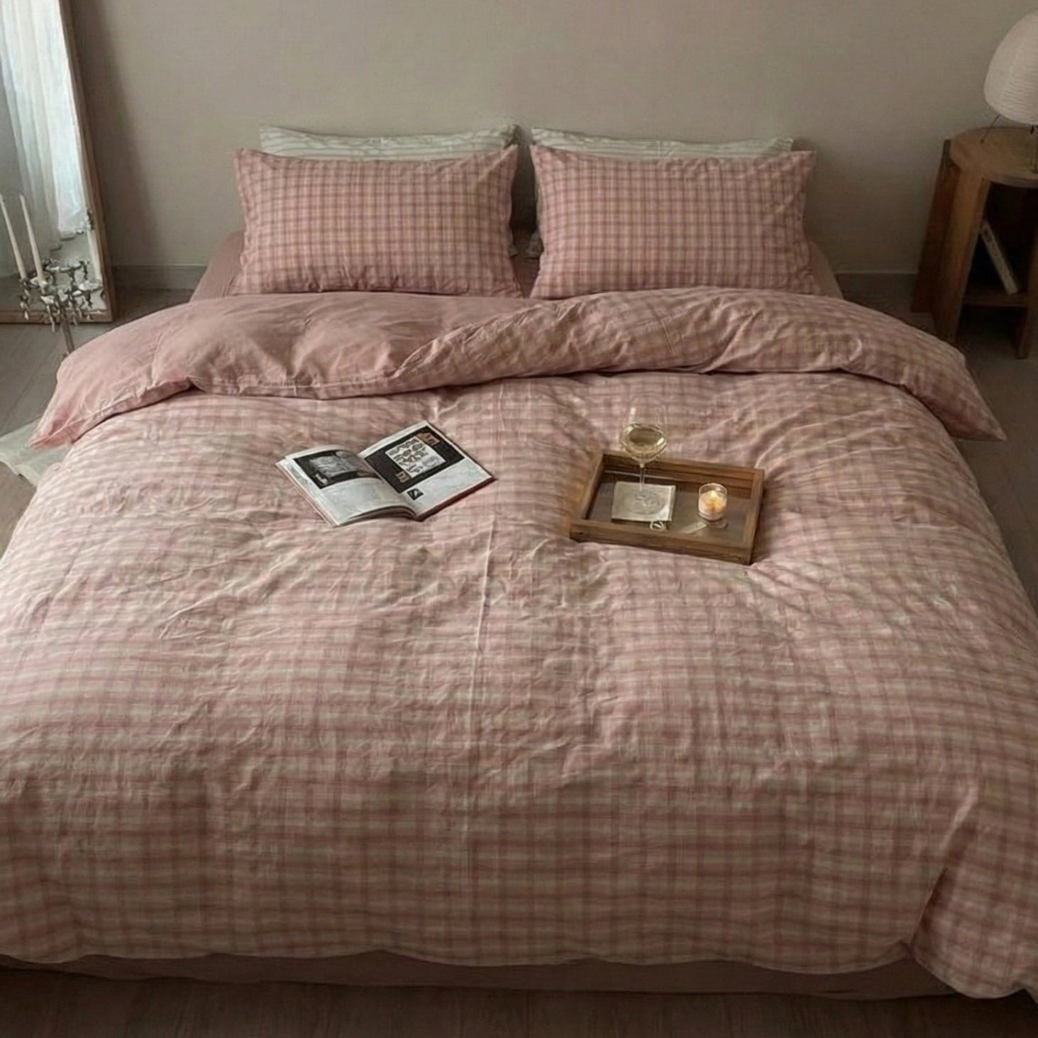 Soft Blend Plaid Small Room Bedding Set / Pink