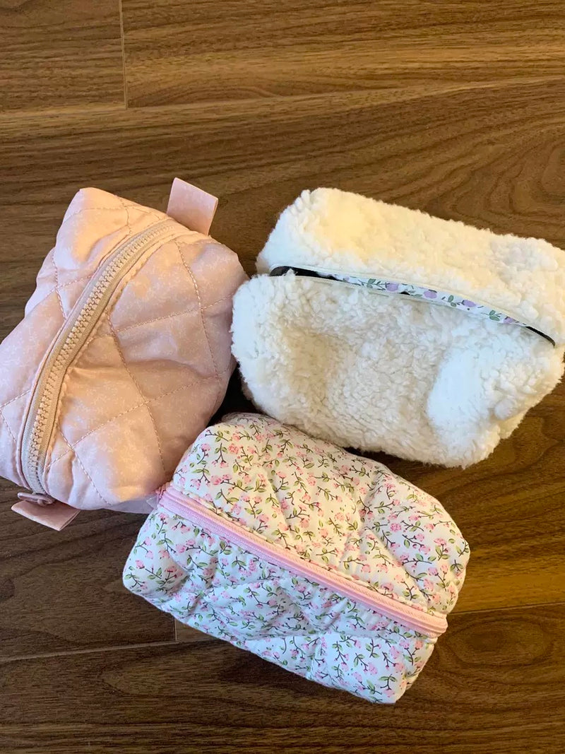 Teddy Velvet Makeup Bag / Pink + Green