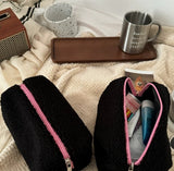 Teddy Velvet Makeup Bag / Black + Pink