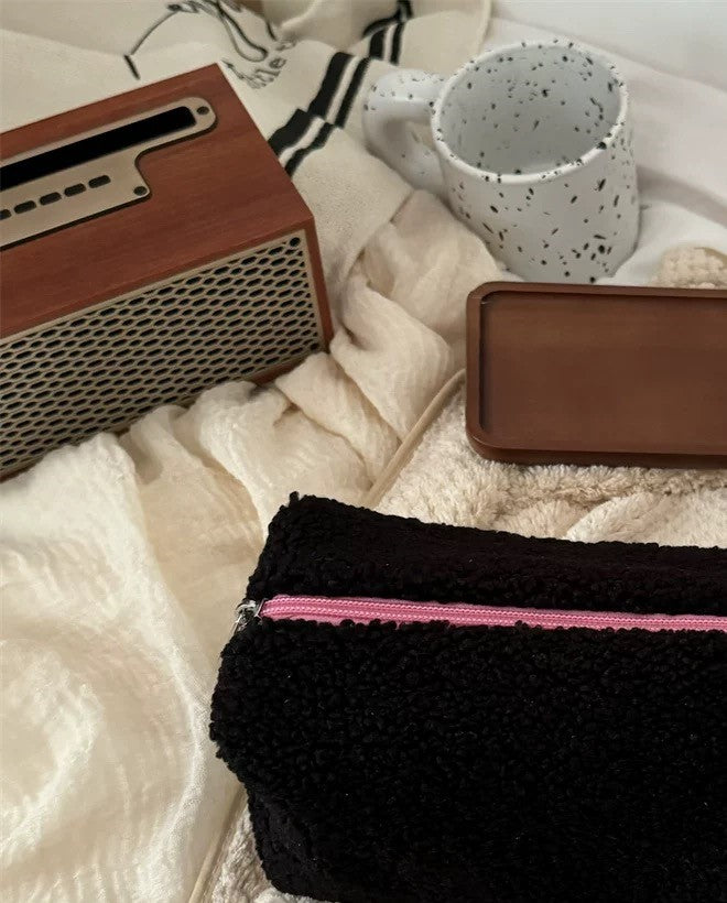 Teddy Velvet Makeup Bag / Black + Pink