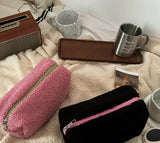 Teddy Velvet Makeup Bag / Pink + Green