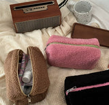 Teddy Velvet Makeup Bag / Black + Pink