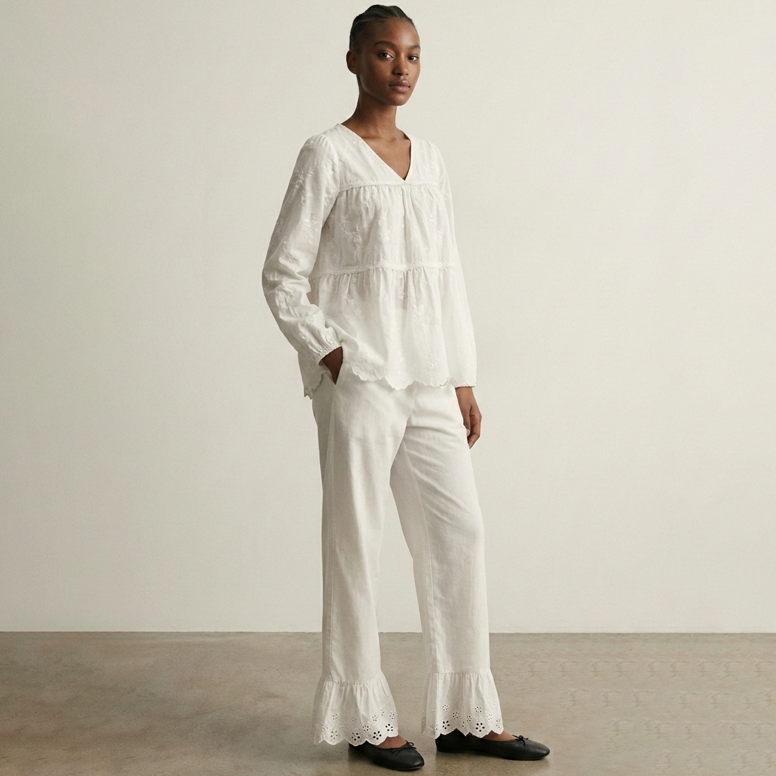 Avery Long-Sleeve & Long-Pant Floral Pajama Set / White
