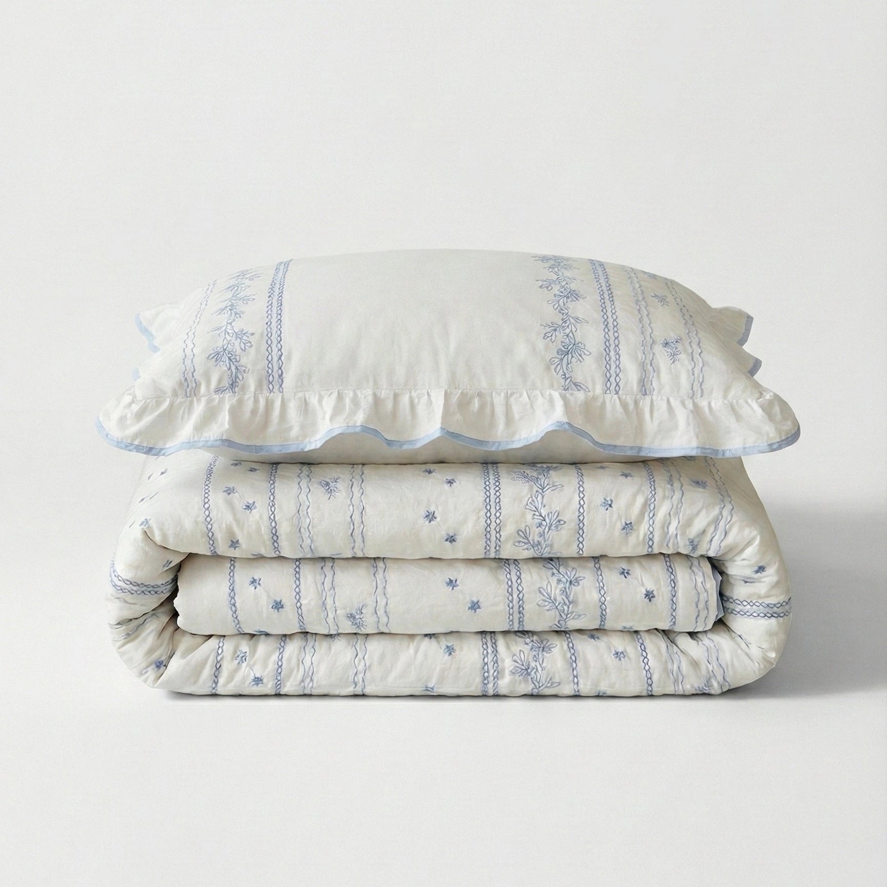 Embroidered French Lace Ruffle Small Room Bedding Set / Blue