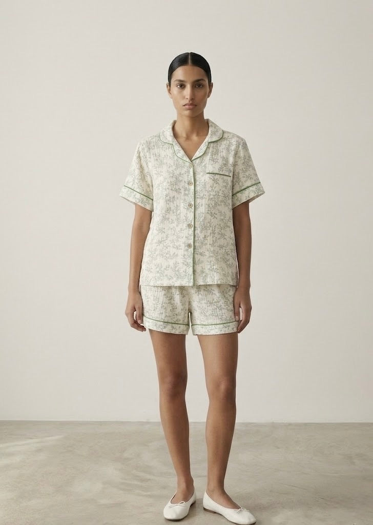 Auralis Shorts & Long-Pant Floral Pajama Set / Green