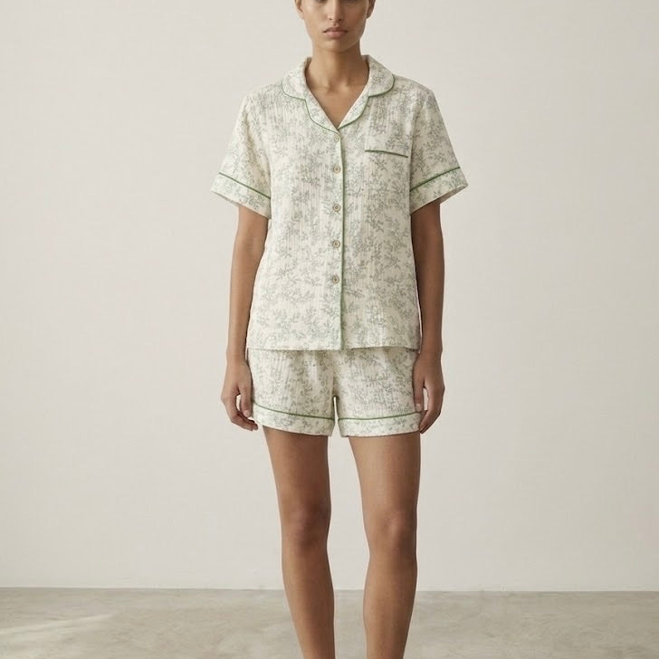 Auralis Shorts & Long-Pant Floral Pajama Set / Green