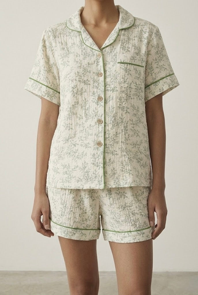 Auralis Shorts & Long-Pant Floral Pajama Set / Green