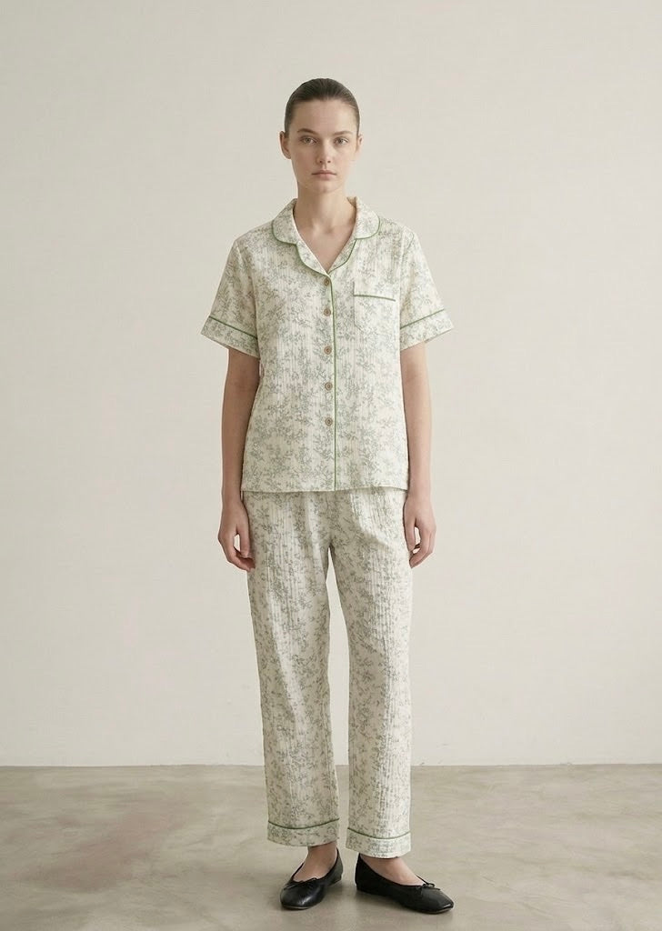 Auralis Shorts & Long-Pant Floral Pajama Set / Green