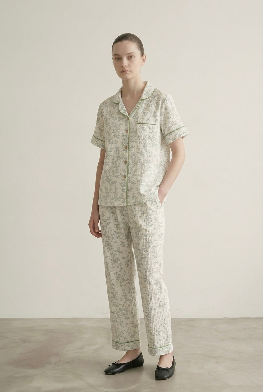 Auralis Shorts & Long-Pant Floral Pajama Set / Green