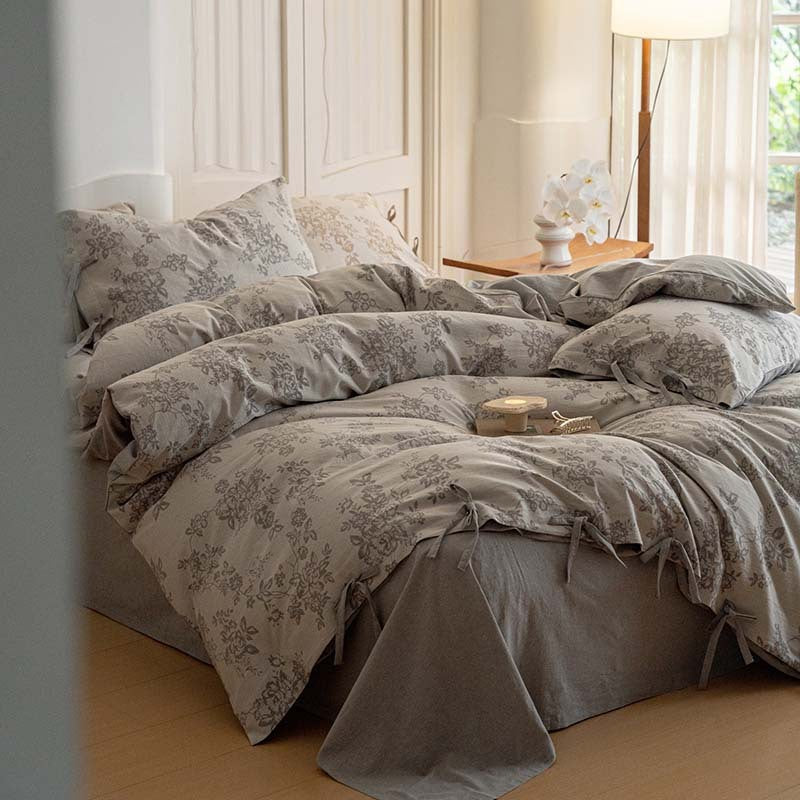 Bonnie Ribbon Bow Tie Floral Bedding Set / Light Gray