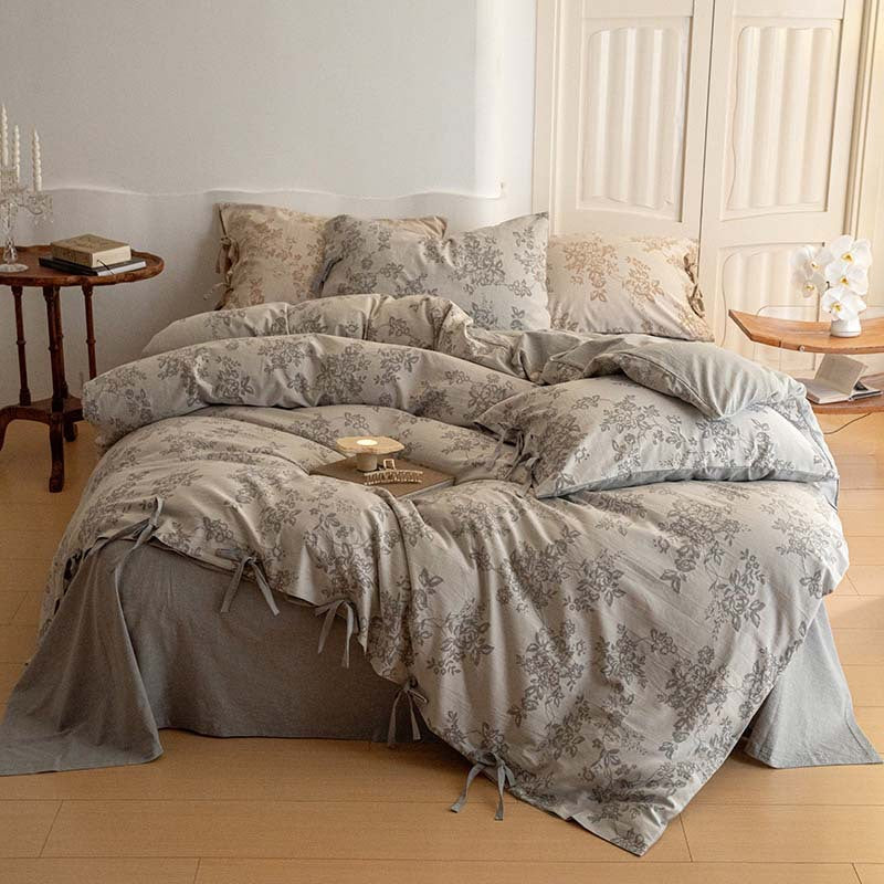 Bonnie Ribbon Bow Tie Floral Bedding Set / Light Gray