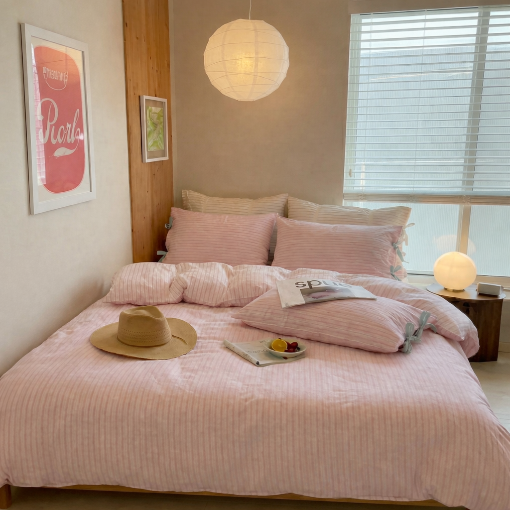Josie Bow Tied Striped Small Room Bedding Set / Pink