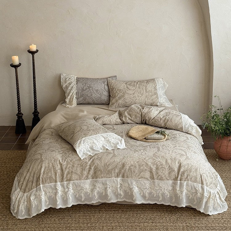 Lena Ruffle Lace Embroidered Bedding Set / Beige
