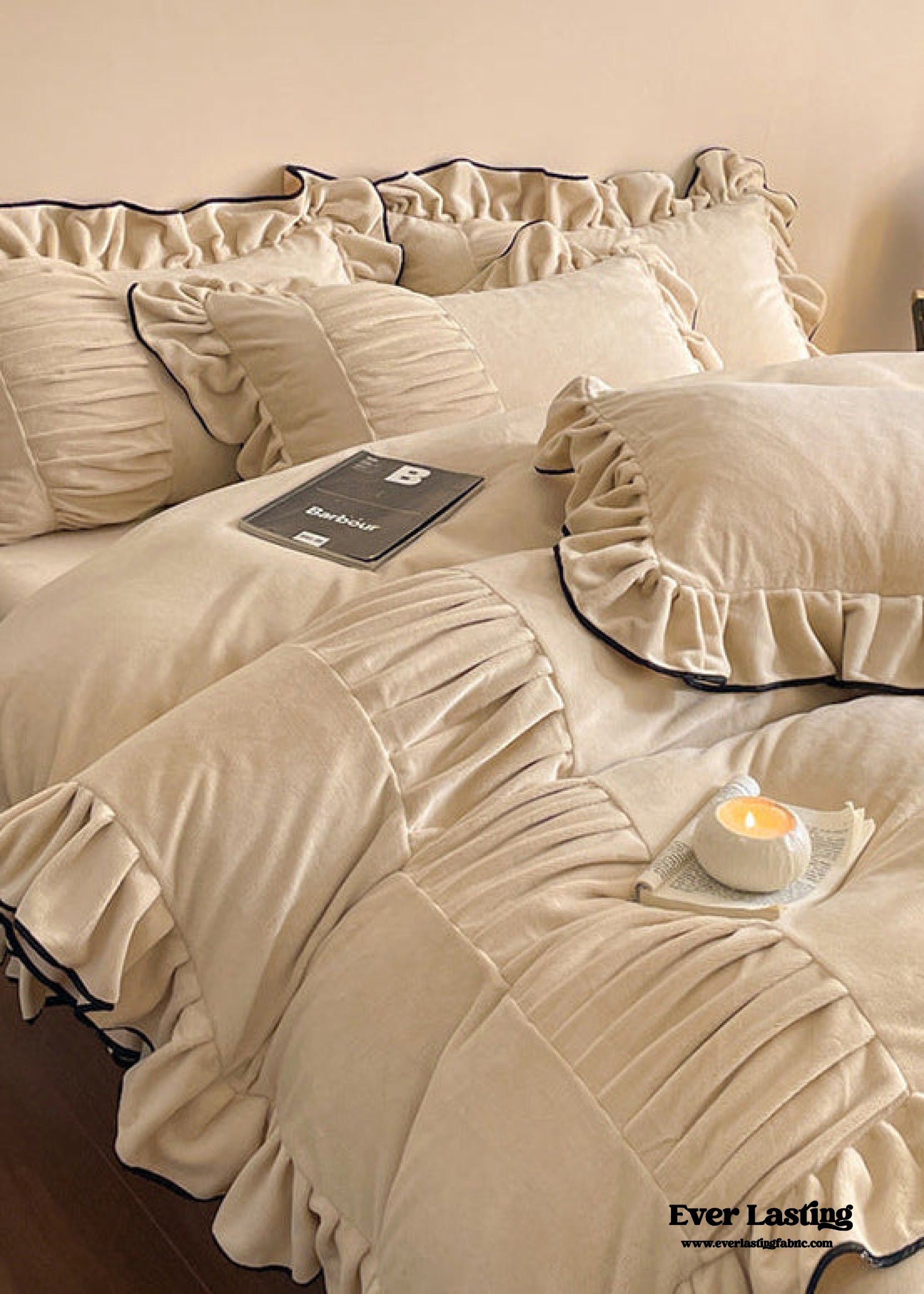 Marigold Velvet Pleated Lace Bedding Set / Beige