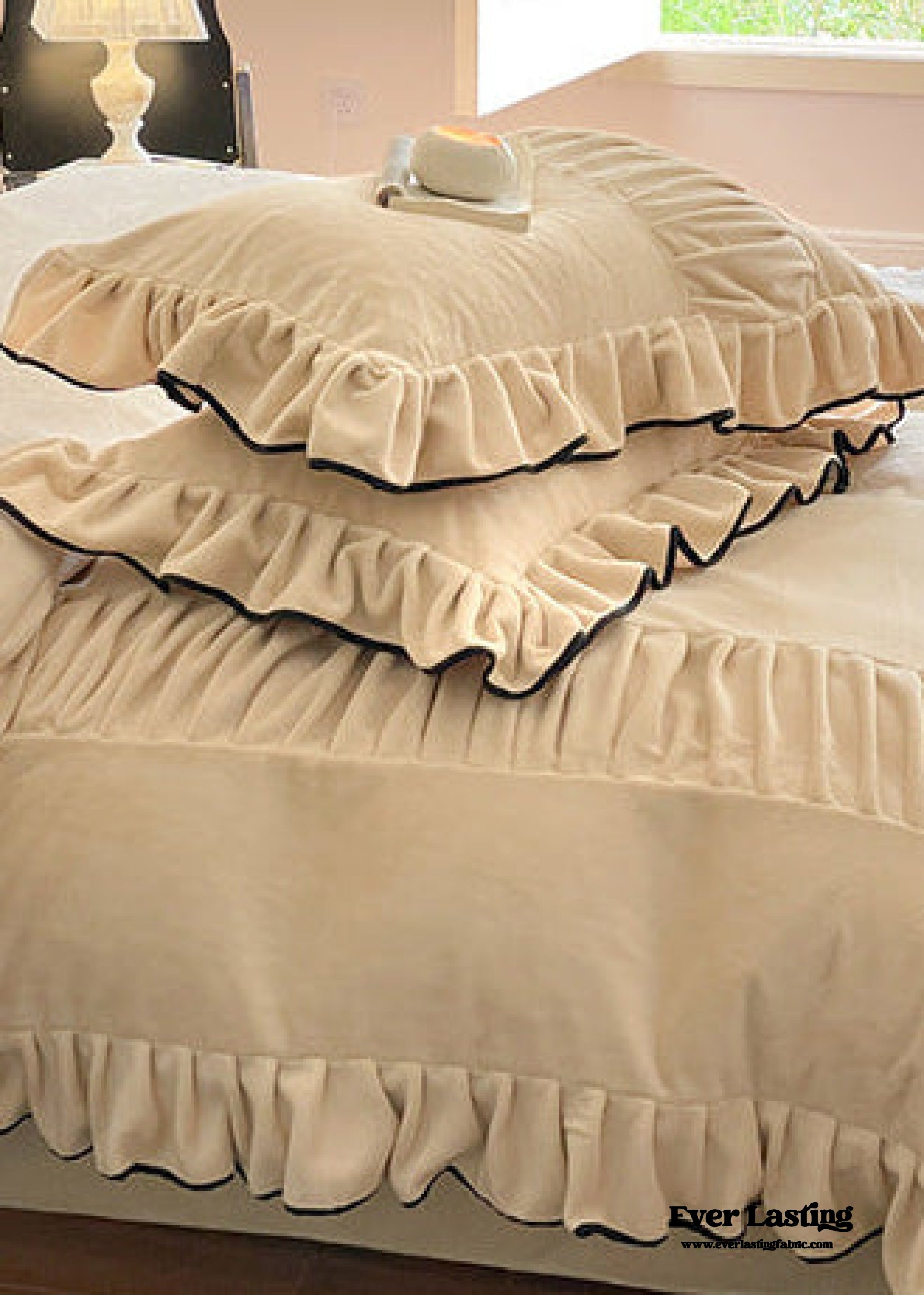 Marigold Velvet Pleated Lace Bedding Set / Beige