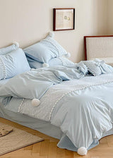 French Sweet Lace Plush Ball Bedding Set / Blue