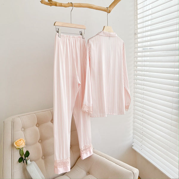 Silky Lace Striped Long Sleeves and Pants Pajama Set / Pink