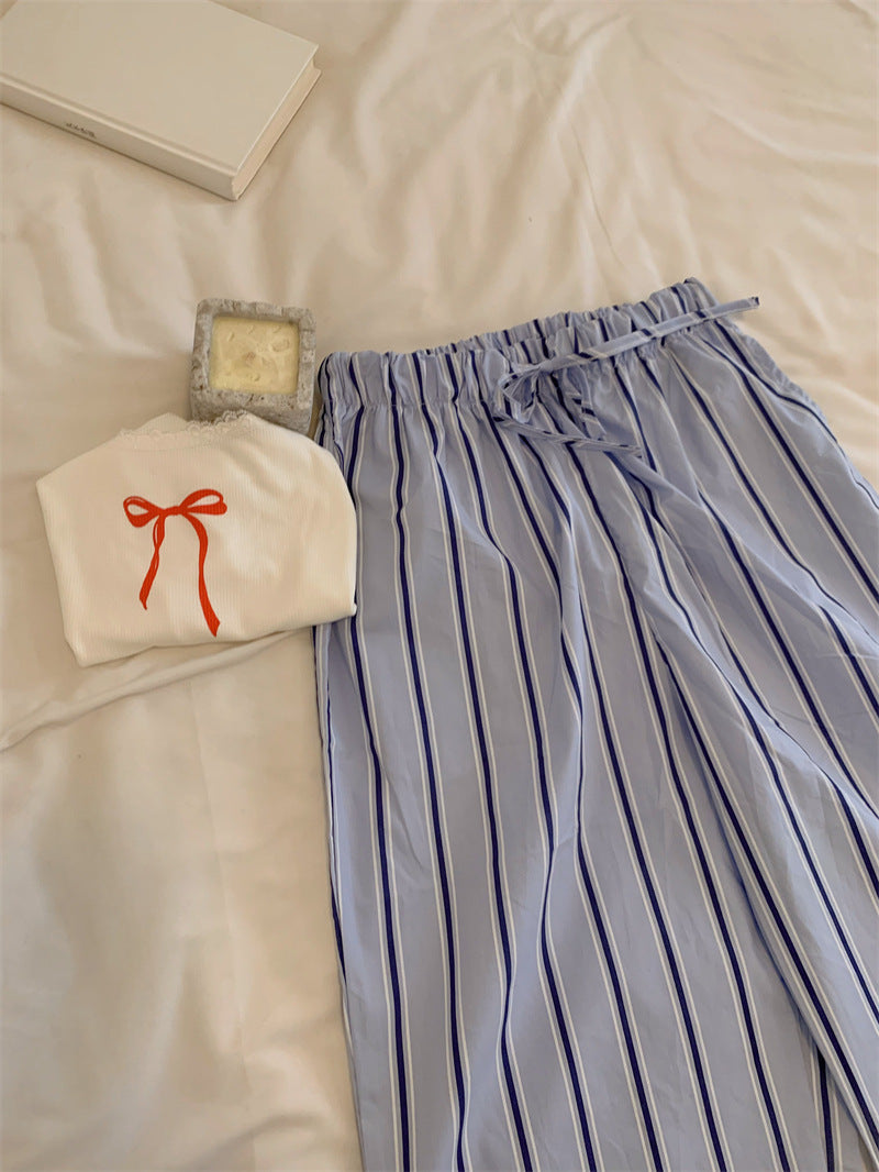 Striped and Tank Pajama Set / White + Blue