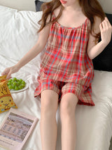 Sweet Lace Red Plaid Ribbon Pajama Set / Ruffle Pink