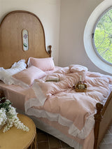 White Ruffle Lace Bedding Set / Pink