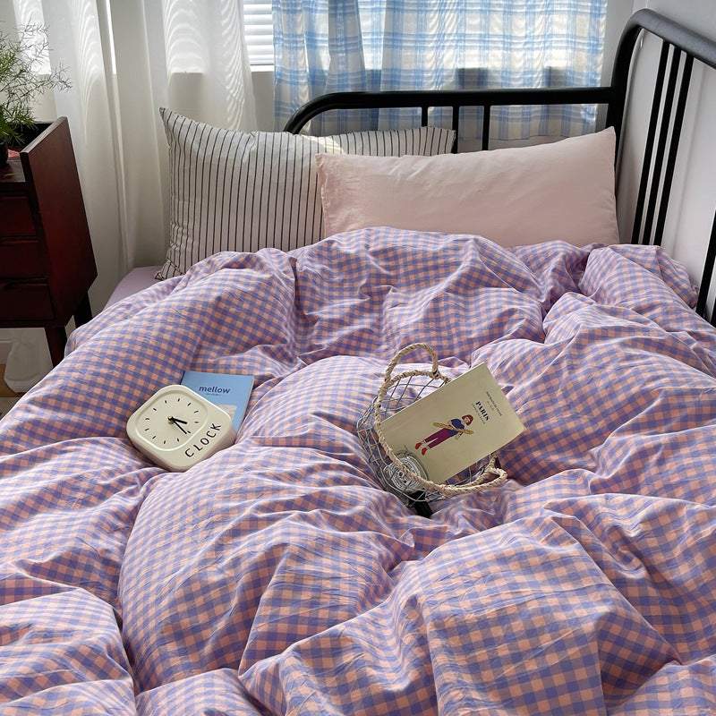 Mixed Gingham Striped Bedding Set / Purple Pink