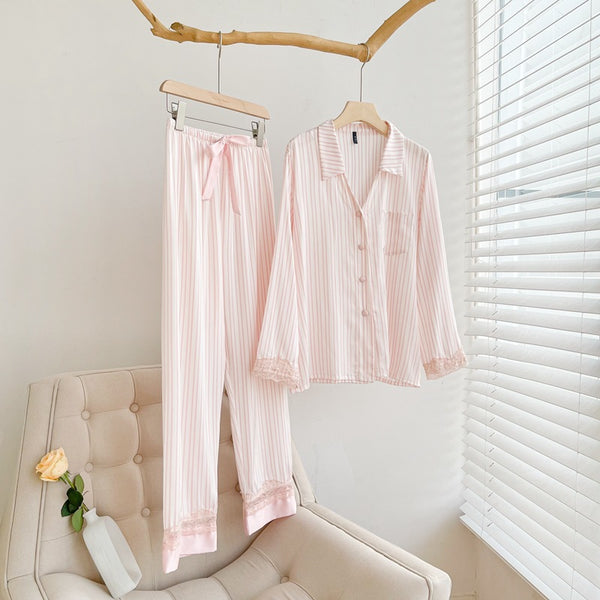 Silky Lace Striped Long Sleeves and Pants Pajama Set / Pink