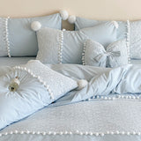 French Sweet Lace Plush Ball Bedding Set / Blue