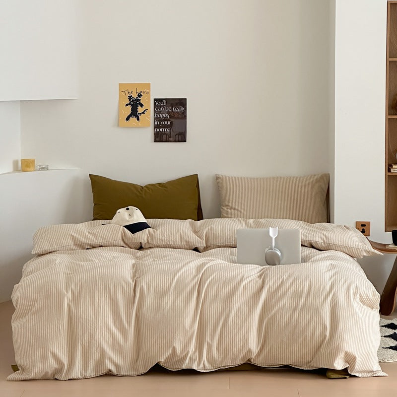 Thin Stripe Bedding Set / Beige & Olive Green