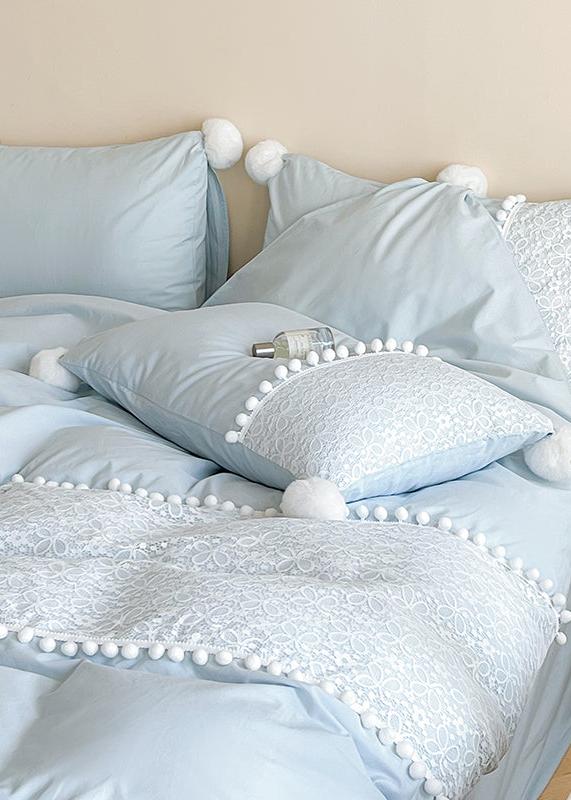 French Sweet Lace Plush Ball Bedding Set / Blue