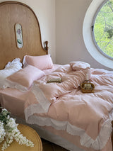 White Ruffle Lace Bedding Set / Pink