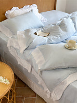 White Ruffle Lace Bedding Set / Blue