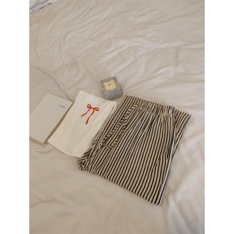 Striped and Tank Pajama Set / White + Cream