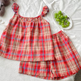 Sweet Lace Red Plaid Ribbon Pajama Set / Ruffle Red