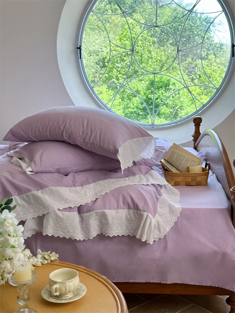 White Ruffle Lace Bedding Set / Pink