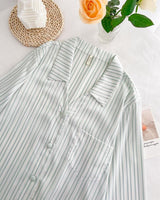 Silky Lace Striped Long Sleeves and Pants Pajama Set / Green