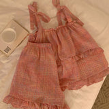 Sweet Lace Red Plaid Ribbon Pajama Set / Ruffle Pink