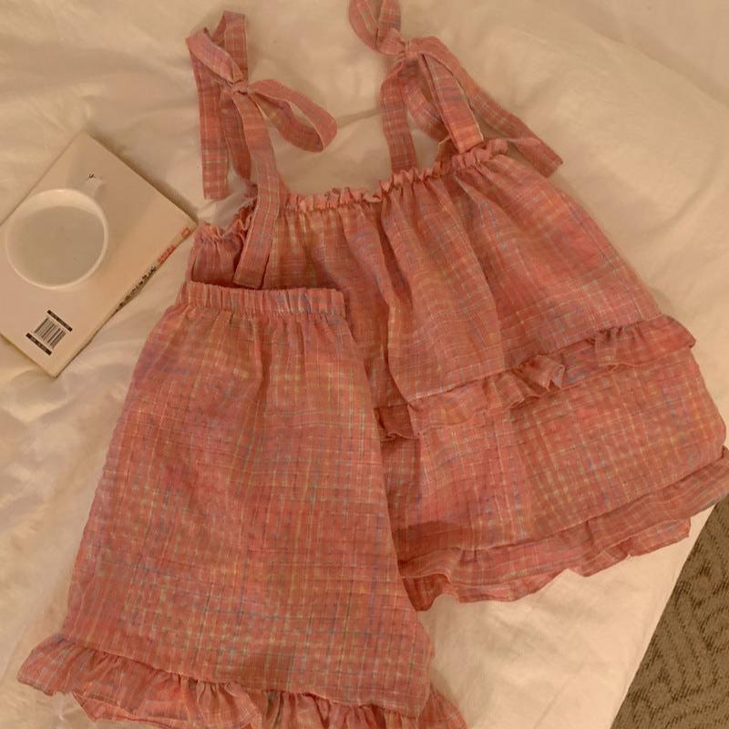 Sweet Lace Red Plaid Ribbon Pajama Set / Ruffle Red