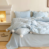 French Sweet Lace Plush Ball Bedding Set / Blue