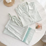 Silky Lace Striped Long Sleeves and Pants Pajama Set / Green