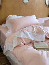 White Ruffle Lace Bedding Set / Pink